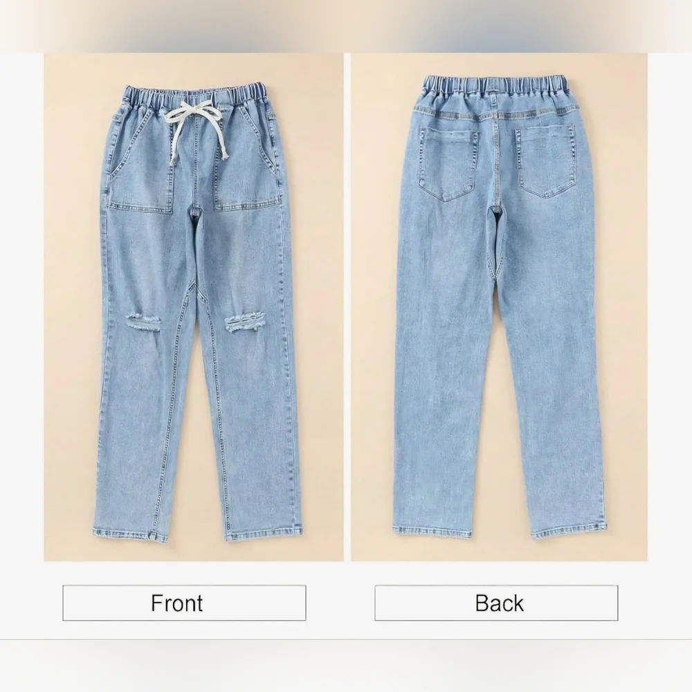 Womens Cargo Jeans Ripped Denim Joggers Elastic Drawstring Waist Pull On Skyblue